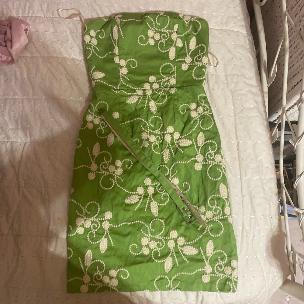 Cache Strapless Dress in Green and Cream Floral